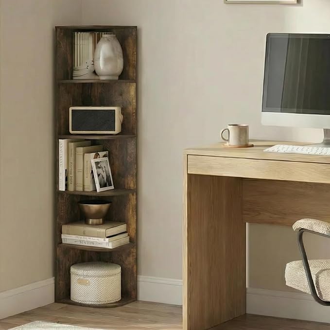 Furinno PASIR Book Shelf, 5-Tier Corner Bookshelf with Open Shelf, Standing Bookcase, 9.3 x 12 x 51.7, for Organization and Storage, for Living Room, Bedroom, Home Office, Amber Pine