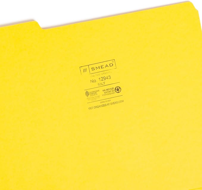 Smead Colored File Folder, 1/3-Cut Tab, Letter Size, Yellow, 100 per Box (12943)