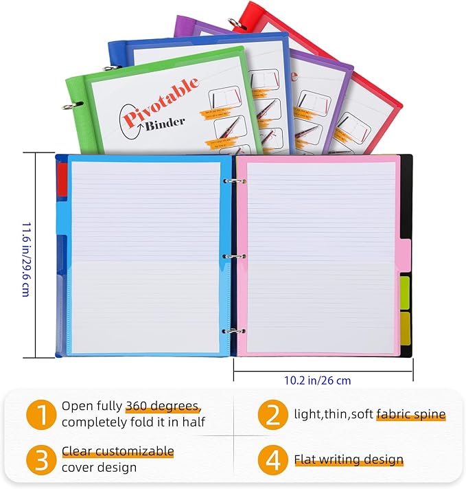 Tashkummy 360 Pivotable Project Organizer, 2 Pack 3 Ring Binder with Colored Tab Dividers with Pockets, Customizable Front Cover Multi Pocket Folder for Home, School, Office - Red
