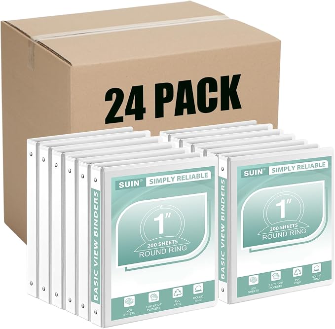SUIN Basic 1-Inch 3-Ring-Binder, Customizable Clear View Cover, for US Letter Size 8-1/2 x 11'', Perfect for Office/School (White - 24 Packs)