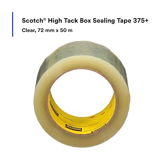 3M Scotch High Tack Box Sealing Tape 375+, Clear, 72 mm x 50 m, 24/Case