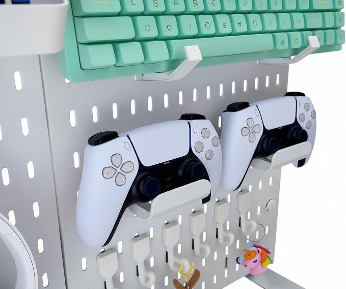 Gaming Desk Organizer, No-Drill Freestanding Desk Pegboard with Headphone Stand, Controller Holder, Keyboard Stand & Shelves, 5-in-1 Gaming Setup Accessories for Dorm Room & Home Office, White