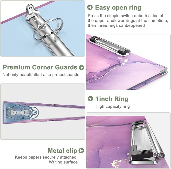 Rouidr 3 Ring Binder with clipboard, 1 inch 8.5 x 11 in Letter Size View Binders Organizer with Dividers Tabs & Clear Sleeves, School Supplies, Office Supplies, Purple Marble
