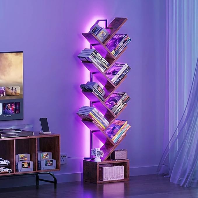Casaottima Tree Bookshelf with LED Lights, 8-Tier Small Bookshelf, Vintage | Narrow Bookcase for Small Spaces, Steel & Wood Storage Shelf with Cabinet, Home Organizer for Living Room, Bedroom, Office