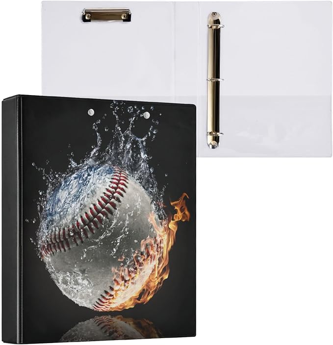 Fire&Water Baseball Sport Theme Binder 3 Ring 1.5 Inch Binder with Clipboard&Pockets, Hardcover Binders Heavy Duty Large File Folder for Office School Supplies - Holds 200 Sheets