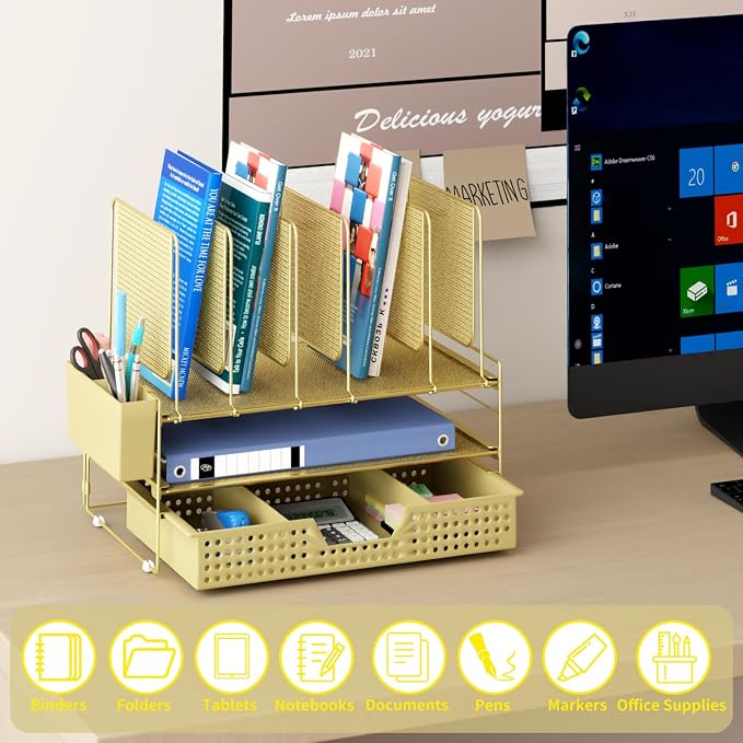 LEKETREE Gold Desk Organizer, Office Organization with Vertical File Holder, File Organizer with Drawer and Pen Holder, Desk Accessories and Workspace Organizers for Home Office (Gold)