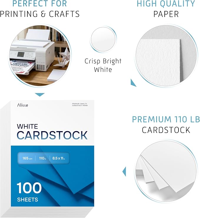 Cardstock Paper | 100 Pack, White Card Stock Printer Paper 8.5 x11, Heavyweight Thick, 110 lb, Premium Smooth Sheets and Printer Compatible - for Crafts, Cards, and Business