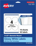 Avery Glossy White Round Labels, Sure Feed Technology, 3.5" Diameter, 40 Glossy White Labels, Print-to-The-Edge, Permanent Adhesive, Laser/Inkjet Printable