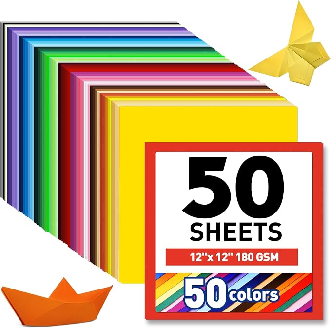MAXECHO 12" x 12" Colored Cardstock 50 Assorted Sheets in 50 Colors, 180 GSM (65 lb) Bulk Construction Paper, Printer Friendly Card Stock for Printing & Making, DIY Crafts, Cricut, School Supplies