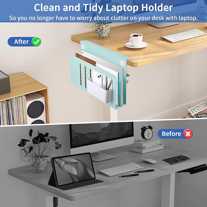 LUKETURE Desk Side Storage, 2 Tie Laptop Holder No Drill Clamp On Organizer | Steel Side Desk Organizer, Clamp on Laptop Mount with Pen Holder, Hanging Storage for Home Office, Fits 0.3" to 2.8"