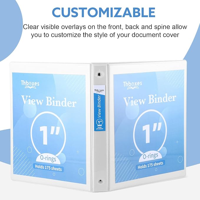 6 Pack 3 Ring Binder, 1 Inch Binder, Round Ring Binders | 2 Interior Pockets & Clear View Overlay, Customizable Cover, Large Capacity, for Office Supplies, School, Home - White