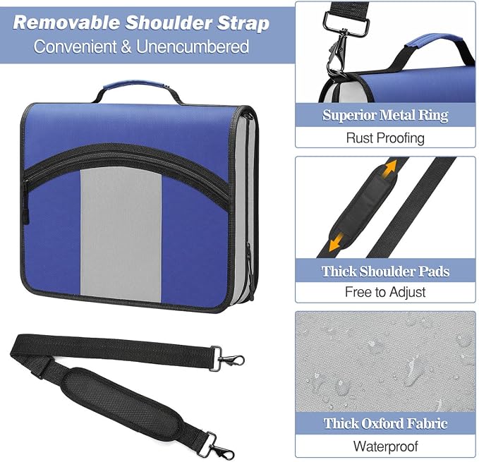 MoKo Zipper Binder with Strap, 3 Inch 3 O Ring, 600 Sheets, Blue & Gray | Water-repellent nylon with 2 folders, 2 mesh pockets and a outer pockets, reinforced handle and adjustable shoulder strap.