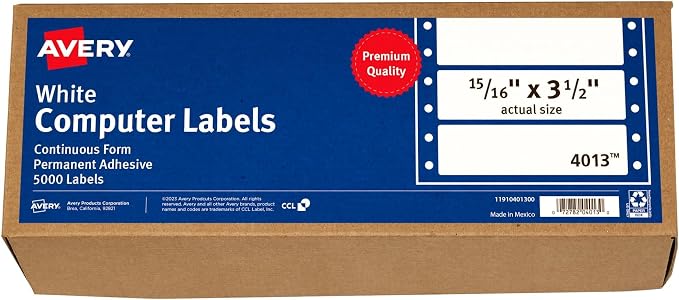 Avery White Computer Labels,15/16" x 3-1/2",Dot Matrix and Pin-Feed Printers, 5,000 Labels (4013),(Pack of 6)