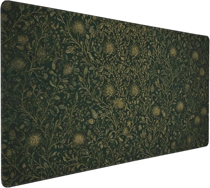 Dark Green Floral Desk Mat Gold Flowers XXL Large Desk Pad - Anti-Slip Stitched Edges Mouse Pad for Women, Office & Home, Extra Big Computer Keyboard Mat for Desktop, Aesthetic Office Decor