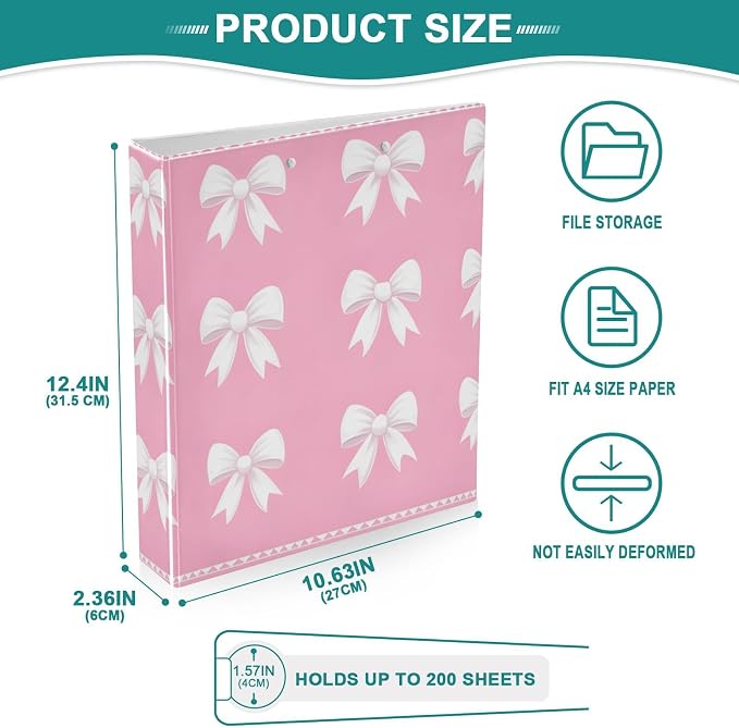 3 Ring Binder White Bows Pink 1.5 inch Binders Three Ring Binders with Clipboard 3 Interior PVC Clear Pockets for Office Supplies