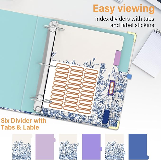 3 Ring Binder 3 Inch Ring, Three Ring Binders for Letter Size 11" x 8.5" with 6-Tab Dividers, 2 Pockets, Binder with Clip for School and Office Supplies-Wild Flowers