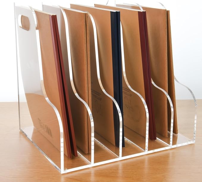 5 Vertical Compartments File Holder, Clear Acrylic Desk Organizer and Storage Bins Holding for Magazines, Binders, Notebooks, Envelopes, Multi-purpose Document Organizer for Home Office