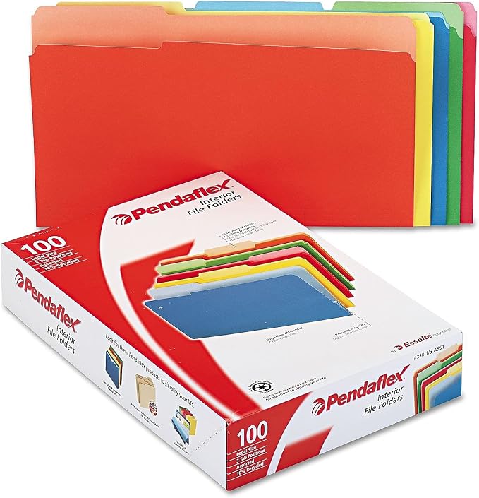Pendaflex 435013ASST Interior File Folders, 1/3 Cut Top Tab, Legal, Bright Assorted (Box of 100)