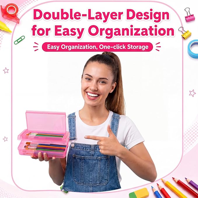 12 Pack Double Layer Large Pencil Box, Clear Plastic Hard Pencil Case with Snap Lid, School Supply Organizer Box for School Office Classroom Home Supplies(Classic Colors)