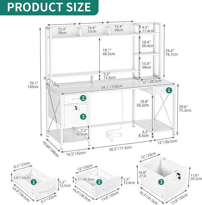 YITAHOME 59.1" Computer Desk with Drawers & Hutch, Power & LED, White | Hutch & Drawers, Monitor Stand, Power Outlets, LED Lights, Storage Shelves, for Home Office Gaming, Easy Assembly