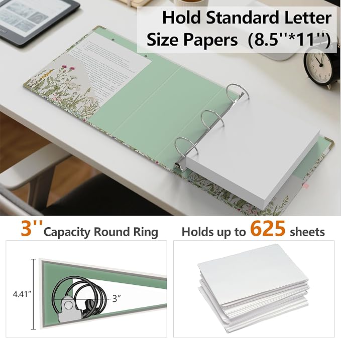 3 Ring Binder 3 Inch, Cute Decorative Hardcover Low Profile Clipboard with Storage, 3'' Round Ring Binders for Letter Size Paper, Durable Binder Organizer for School Office Supplies(Garden Flowers)