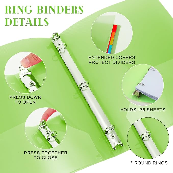Fulmoon 12 Pcs 1 Inch 3 Ring Binders with 2 Interior Pockets Fits Letter Size Paper 8.5'' x 11'', Clear View 1-inch Three Ring Binders for School Office Business Supplies(Multicoloured)