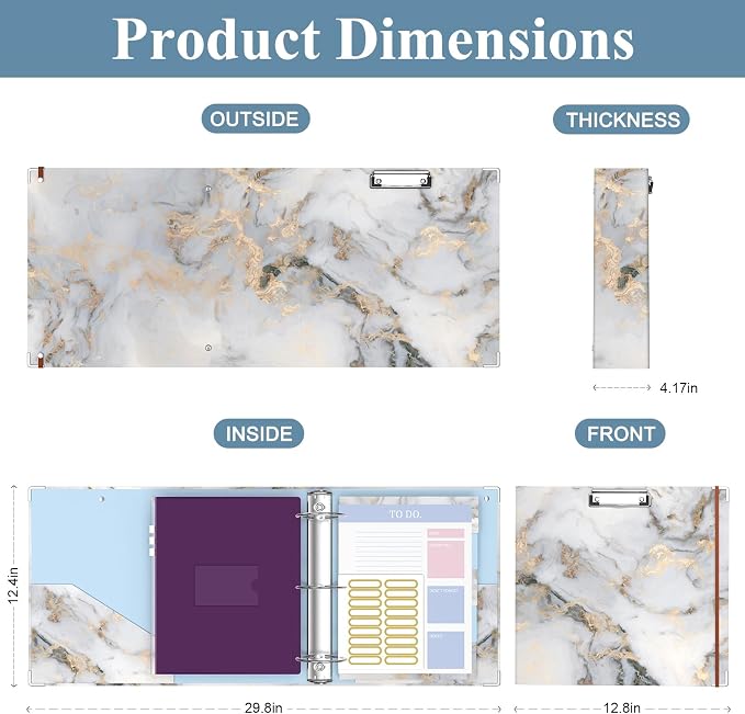3 Ring Binder, 3 Inches Round Ring Binder with Clipboard, Dividers Tabs, PVC Zipper Bag Sleeves & to Do List Planners for Women, Men, School, Office Supplies, White Marble