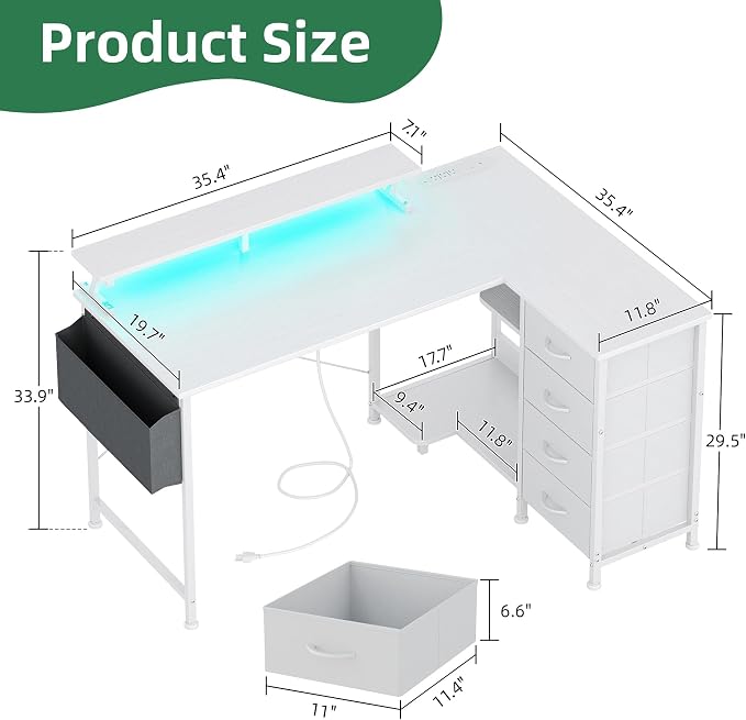 VERMESS 47" Reversible L Shaped Gaming Computer Desk, Corner Desk with Power Outlets & Monitor Stand, Writing Study Table with 4 Storage Drawers, Desk with LED Lights, White