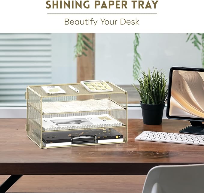 DALTACK 3 Tier Letter Tray Paper Organizer with Sliding Mesh Trays Yellow | Metal Mesh File Organizer with Sliding Trays for Letter and A4 Paper, Mail, Bills, Folders and Office Documents