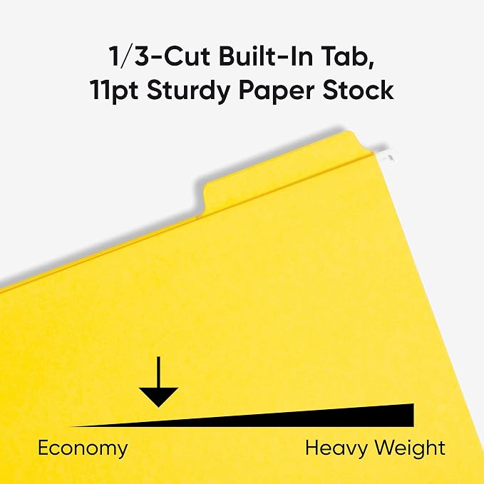 Smead FasTab Hanging File Folder, 1/3-Cut Built-in Tab, Letter Size, Yellow, 20 Count (64097)