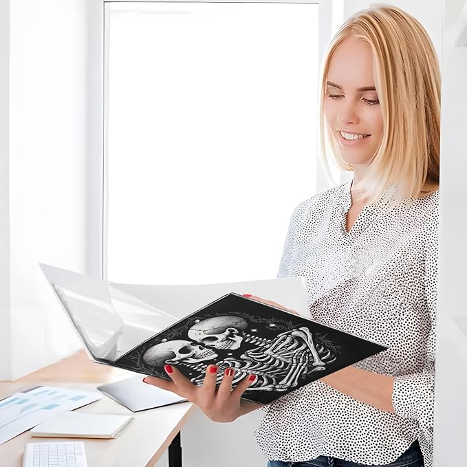 SPRIPORT Skull Couple 1.5 Inch 3 Ring Binder Holds 200 Sheets for Office Supplies Durable PVC Round Ring Binder with Interior Clear Pockets Binder Notebook for Home Work Woman Man