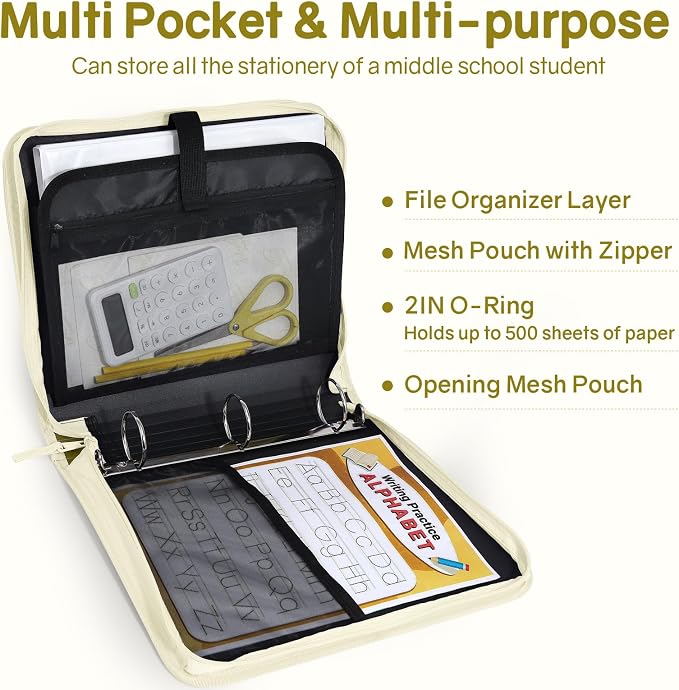 SUNEE Zippered Binder Bag with Handle, 2-Inch 3-Ring O-Ring, 500-Sheet Capacity, Includes Zip Pocket, 5-Tab Expanding File Folder, Multi-Pocket Organizer Binder for Middle School, Soft Beige