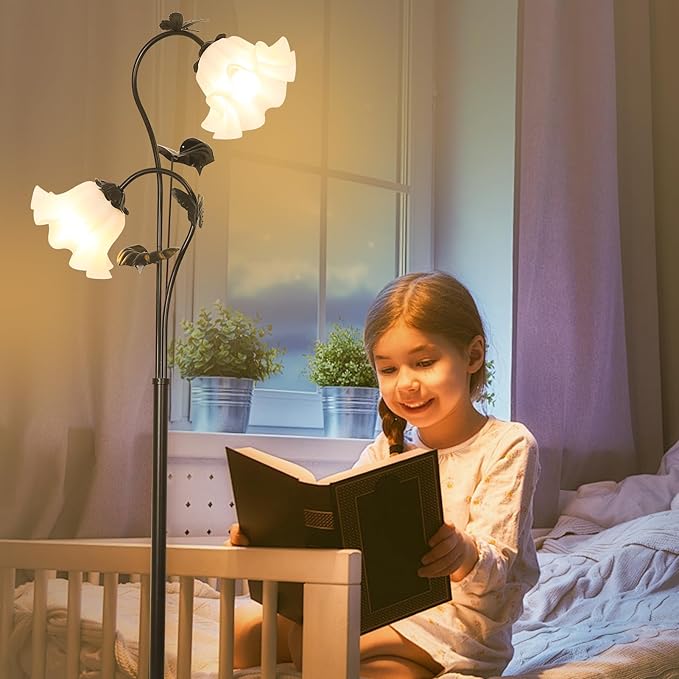HMVPL Black Floor Lamp for Living Room, Flower Standing Lamp with 2 LED 5W Blubs, Foot Switch, Floral Tall Lamp with Acrylic Shade, Antique Lotus Flower Floor Lamp for Living Room Office Reading