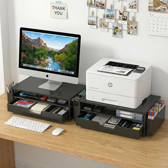 ECOLOVI Desk Organizer and Accessories, 2-Tier Computer Monitor Stand Rise with Storage Drawer & 2 Pen Holders, Laptop & Printer Stand for Desktop, Workspace Organizers for Office Supplies (Black 2-Pack))