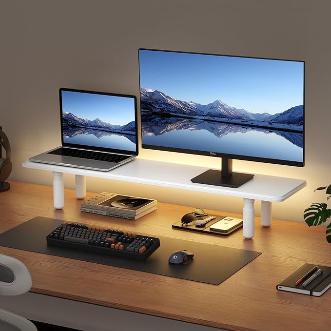 AFOOYO Dual Monitor Stand for Desk, Adjustable Height Wood Computer Riser, Ergonomic Monitor Shelf for Laptop, Printer, TV, Black - Large Storage Space, Sturdy Desk Organizer for Home & Office,White