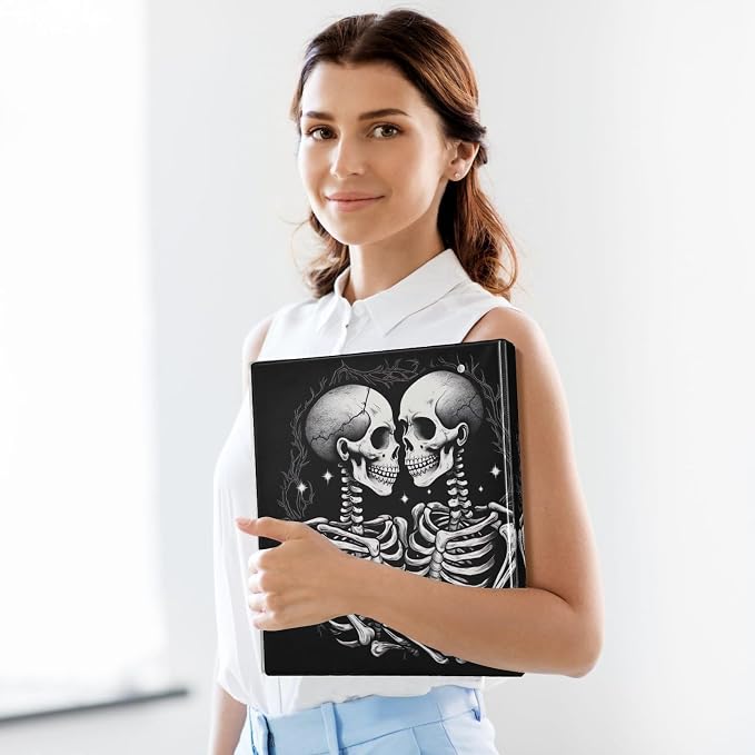 SPRIPORT Skull Couple 1.5 Inch 3 Ring Binder Holds 200 Sheets for Office Supplies Durable PVC Round Ring Binder with Interior Clear Pockets Binder Notebook for Home Work Woman Man