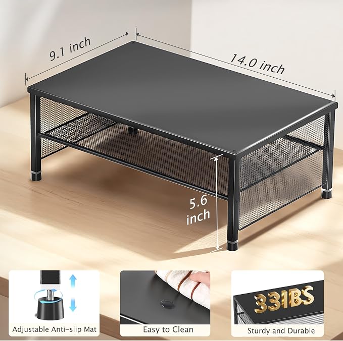 ECOLOVI 2-Tier Computer Monitor Stand Riser, Printer & Laptop Stand, Office Desk Accessories, Workspace Desk Organizer for Home Office Supplies, Black