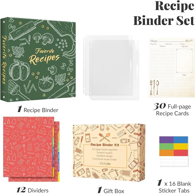 Recipe Binder with Plastic Sleeves, 8.5x11 3 Ring Blank Recipe Book Binder | Premium recipe binder kit with waterproof cover, sleeves, cards, dividers and gift box for preserving recipes-Dark Green.
