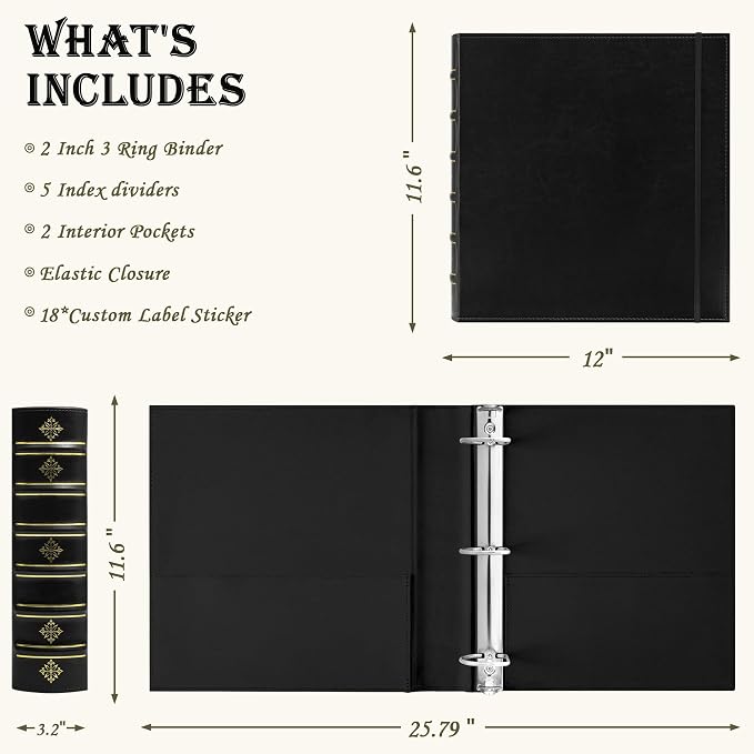 Ospelelf Vintage Leather 3 Ring Binder 2 Inch, D Ring Binder with Pockets and 5 Tab Dividers, Hardback Book Style Document Organizer Fits Letter Size for Home and Office Black