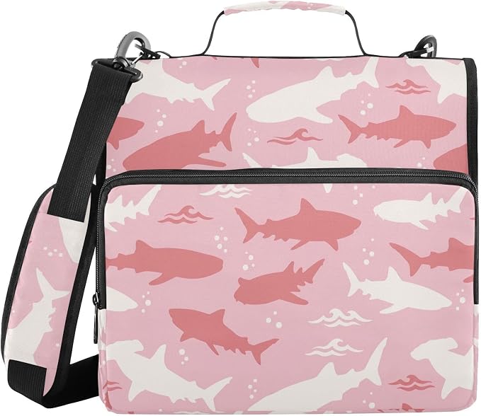 Shark Pink Print Zipper Binder Bag 3 Ring with Shoulder Strap & Handle Multi Pocket Binder Organizer Bag Large Capacity for School Office Supplies