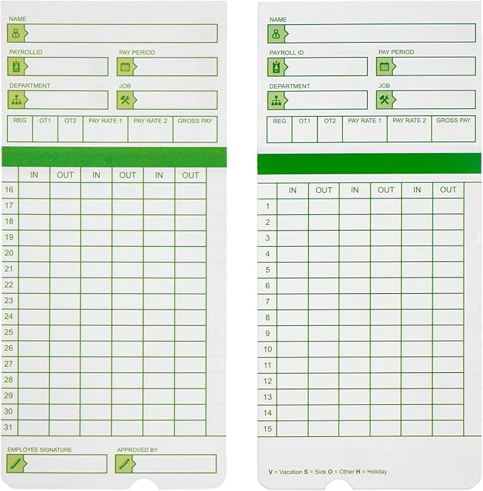 Zzrywuty Time Cards for Employees Monthly, 3 3/8 x 7 3/8 Inch, 300 Count | Green 2-Sided Design, Compatible with Hn3000 Time Clock, Supports All Pay Periods for Employee Attendance