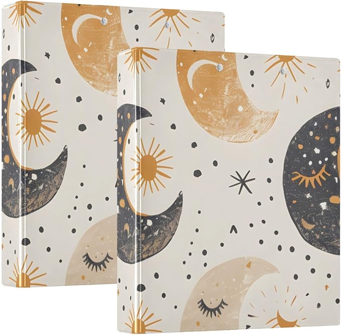 3 Ring Binder Boho Moon Phases Beige White 1.5 inch Binders Three Ring Binders with Clipboard Fit 8.5'' x 11'' Paper 3 Interior PVC Clear Pockets for Office Supplies