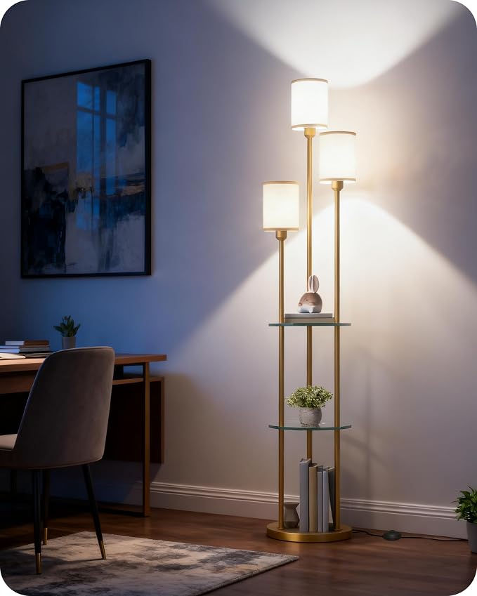 Floor Lamp with Shelves, Modern Floor Lamp with 3 Linen Shades and Foot Switch, 3-Light Standing Lamp, for Living Room, Bedroom, Study, Office, Gold and Beige ED53LD05