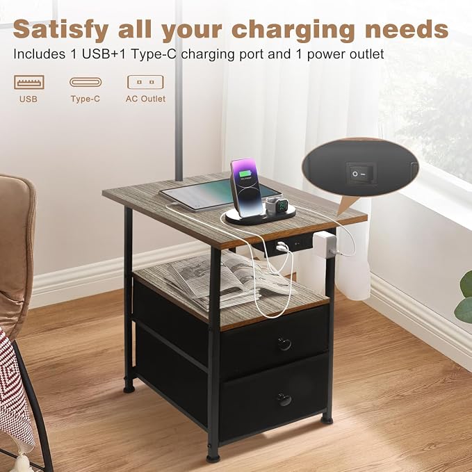 PESRAE Floor Lamp with Table & 2 Drawers, End Table with 3 Color Temperature Reading Light, Side Table Lamp with USB & Type C & AC Charging Port for Living Room, Home Office, Vintage Grey