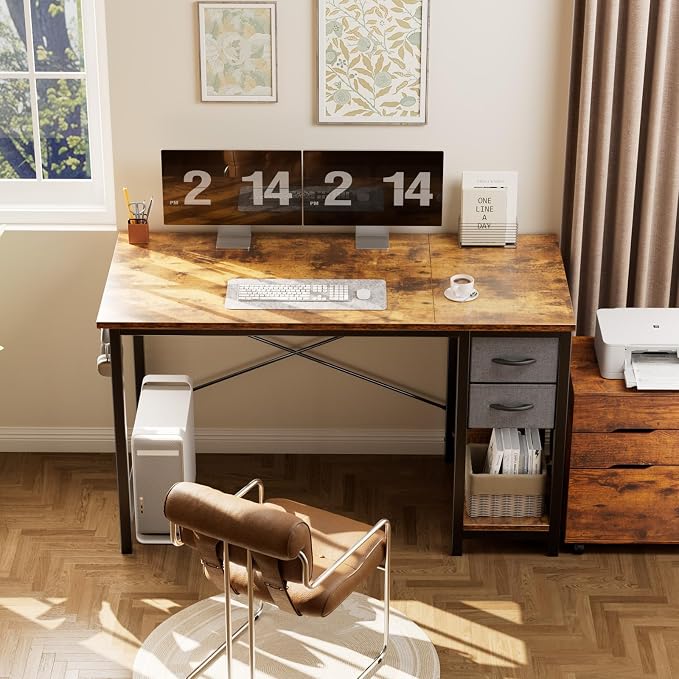 Sweetcrispy 40-Inch Computer Desk with Drawers, Office Desk, Brown | Small Desk for Bedroom Home Office with Side Hook, Modern Simple Desk with Storage for Writing