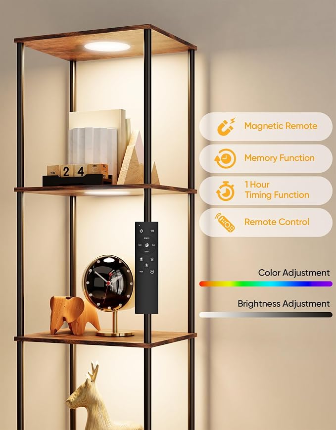 Display Shelf with RGBW Light, Color Changing Curio Cabinet Floor Lamp with Shelves Corner Standing Column Lamp Etagere Organizer Tower Nightstand Bookcase for Living Room Bedroom Office Décor, Brown