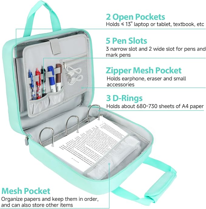 3 Ring Zipper Binder Bag, 3 Inch D-Ring 700 Sheet Capacity, Portable File Organizer with Removable Shoulder Strap & Multiple Pockets for School Office Travel Summer Study Back to School,Mint Green