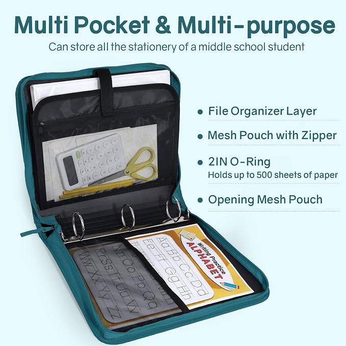 SUNEE Zippered Binder Bag with Handle, 2-Inch 3-Ring O-Ring, 500-Sheet Capacity, Includes Zip Pocket, 5-Tab Expanding File Folder, Multi-Pocket Organizer Binder for Middle School, Dark Teal-Green
