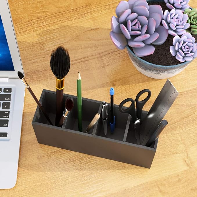 NIUBEE Acrylic Pen Holder 4 Compartments, Black Pencil Organizer Cup for Countertop Desk Accessory Storage (Black) | Scratch-resistant thick acrylic with 4 slots for pens, pencils, makeup brushes, office, vanity and school use