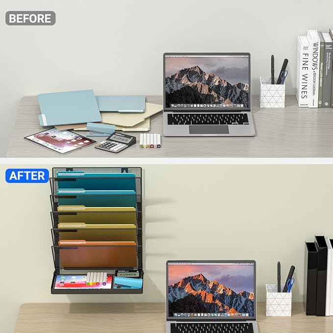Legal /A4/ Letter Size Hanging Wall File Organizer Desktop File Organizer,6-Tier Wall Mount/Self Standing Paper Document Folder Holder,Mesh Magazine Rack for Office Home, Black ﻿